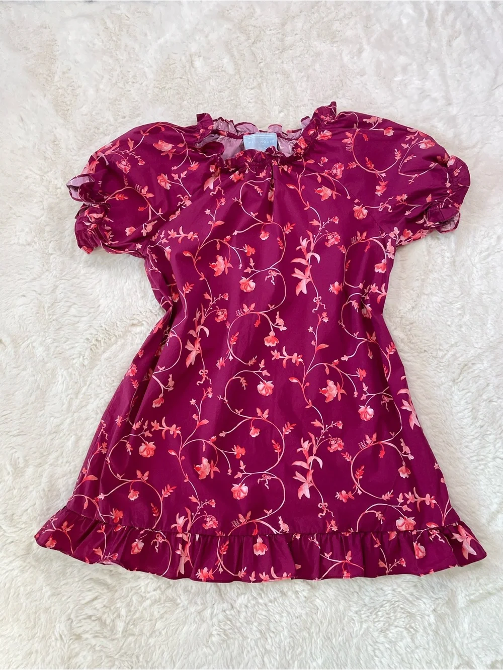 Hill House Girls Floral Burgundy-Pink Puff Sleeve Dress
